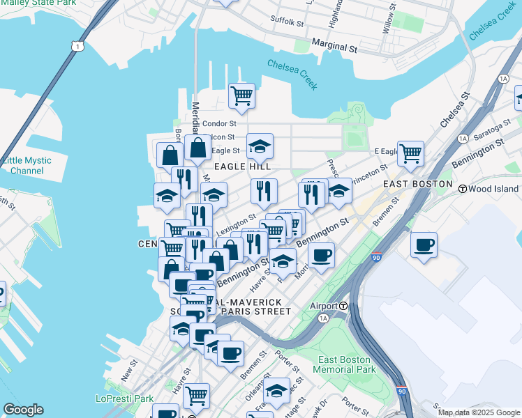 map of restaurants, bars, coffee shops, grocery stores, and more near 129 Lexington Street in Boston