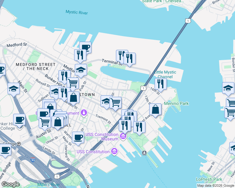 map of restaurants, bars, coffee shops, grocery stores, and more near 15 Tufts Street in Boston