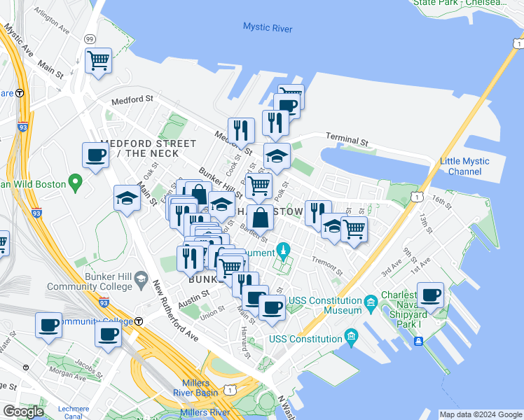 map of restaurants, bars, coffee shops, grocery stores, and more near 65 Green Street in Boston