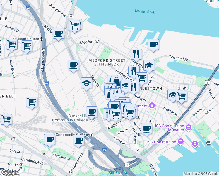map of restaurants, bars, coffee shops, grocery stores, and more near 14 Sullivan Street in Boston