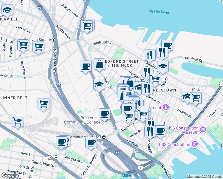 map of restaurants, bars, coffee shops, grocery stores, and more near 10 Tibbetts Town Way in Boston