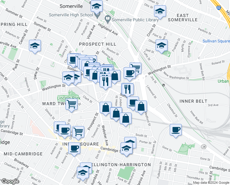 map of restaurants, bars, coffee shops, grocery stores, and more near 21 Allen Street in Somerville