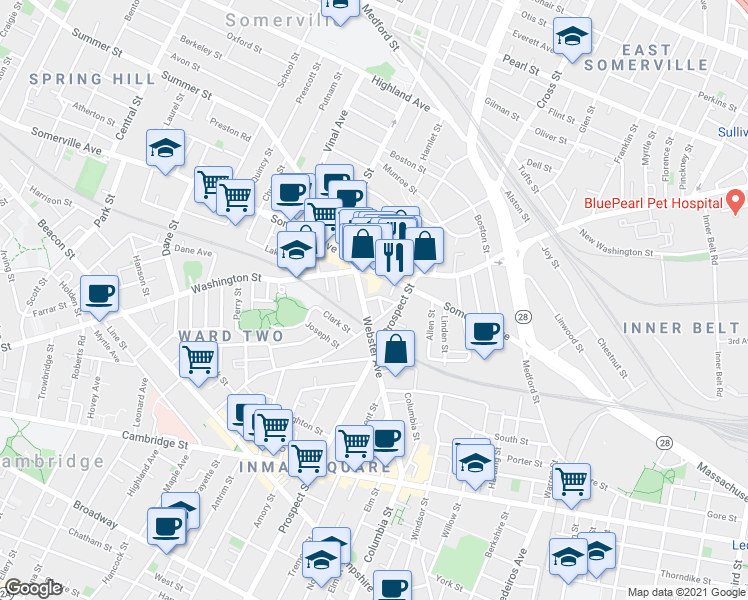 map of restaurants, bars, coffee shops, grocery stores, and more near 51 Prospect Street in Somerville