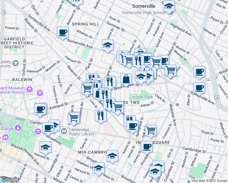 map of restaurants, bars, coffee shops, grocery stores, and more near 35 Rose Street in Somerville
