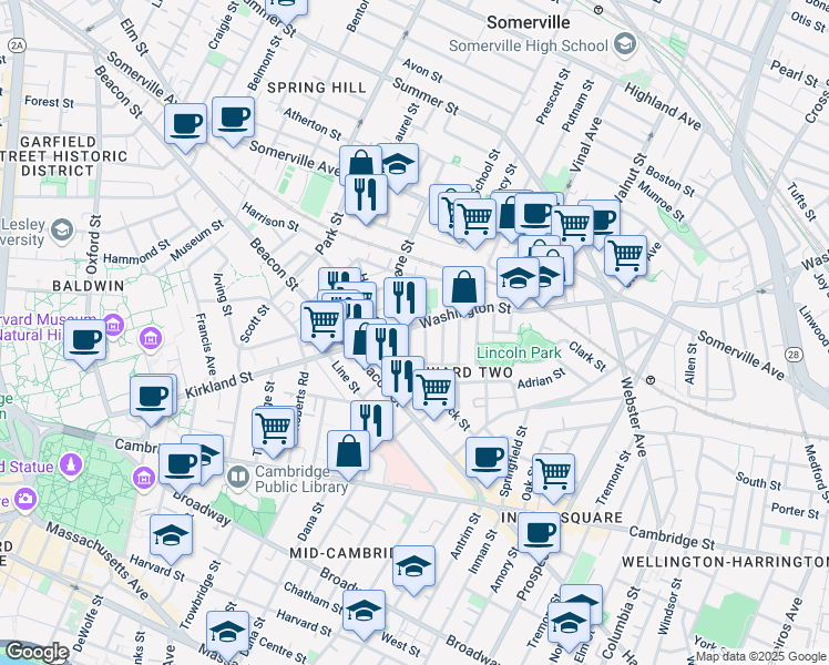 map of restaurants, bars, coffee shops, grocery stores, and more near 24 Beacon Place in Somerville