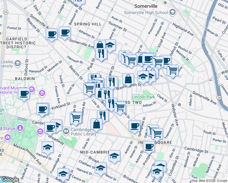map of restaurants, bars, coffee shops, grocery stores, and more near 24 Beacon Place in Somerville