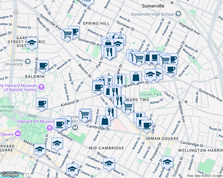 map of restaurants, bars, coffee shops, grocery stores, and more near in Somerville