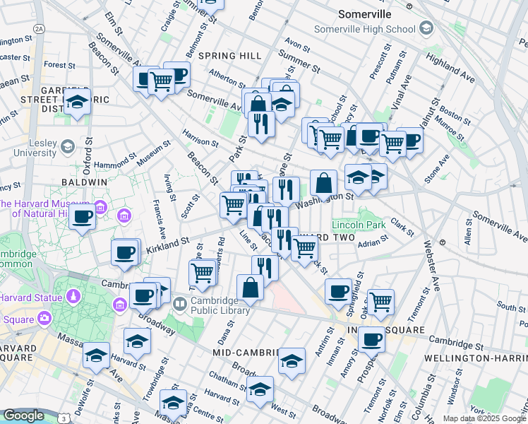 map of restaurants, bars, coffee shops, grocery stores, and more near in Somerville