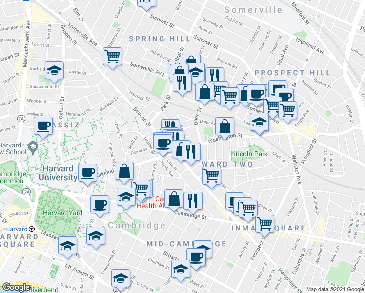 map of restaurants, bars, coffee shops, grocery stores, and more near in Somerville