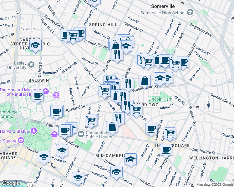 map of restaurants, bars, coffee shops, grocery stores, and more near in Somerville