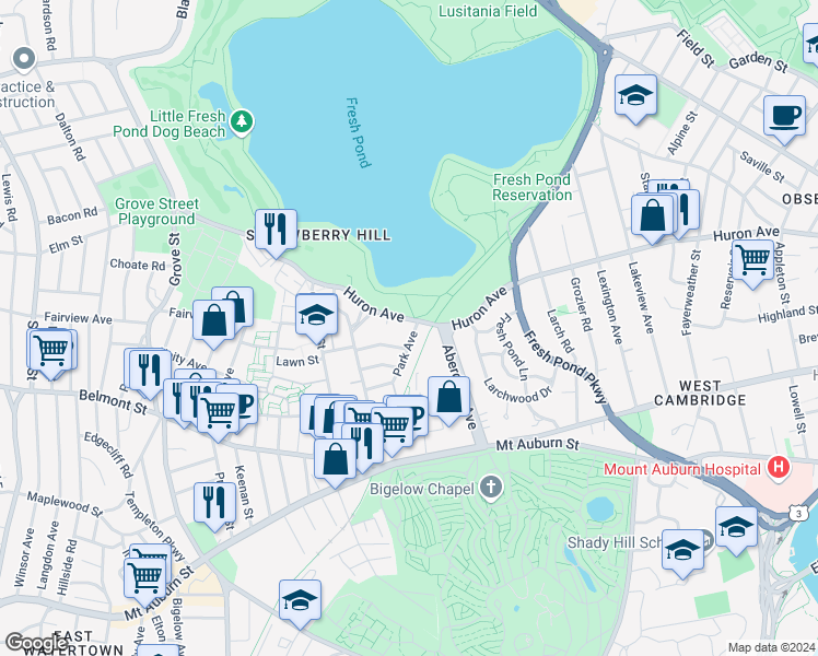 map of restaurants, bars, coffee shops, grocery stores, and more near 1 Aberdeen Way in Cambridge