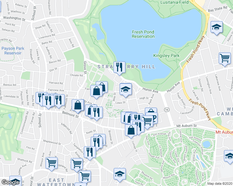 map of restaurants, bars, coffee shops, grocery stores, and more near 521 Lawn Street in Cambridge