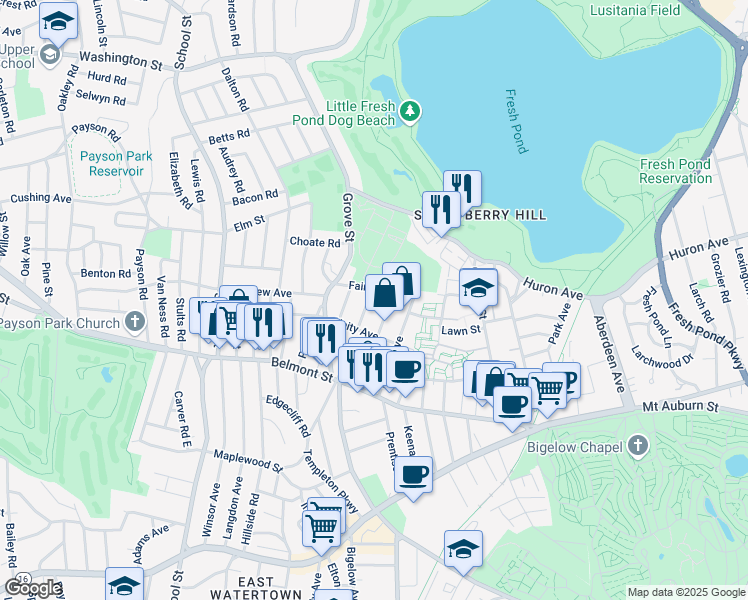 map of restaurants, bars, coffee shops, grocery stores, and more near 53 Dartmouth Street in Belmont