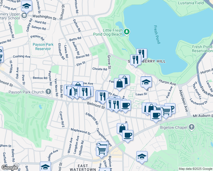 map of restaurants, bars, coffee shops, grocery stores, and more near 62 Unity Avenue in Belmont