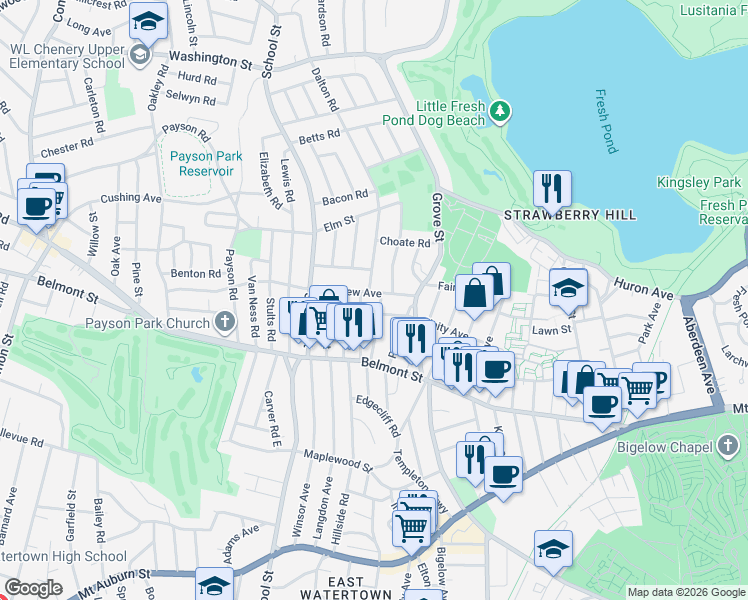 map of restaurants, bars, coffee shops, grocery stores, and more near 74 Unity Avenue in Belmont