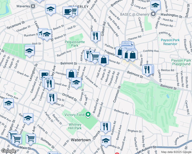map of restaurants, bars, coffee shops, grocery stores, and more near 32 Fairview Avenue in Watertown