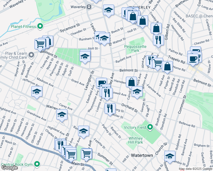 map of restaurants, bars, coffee shops, grocery stores, and more near 5 Lowell Avenue in Watertown