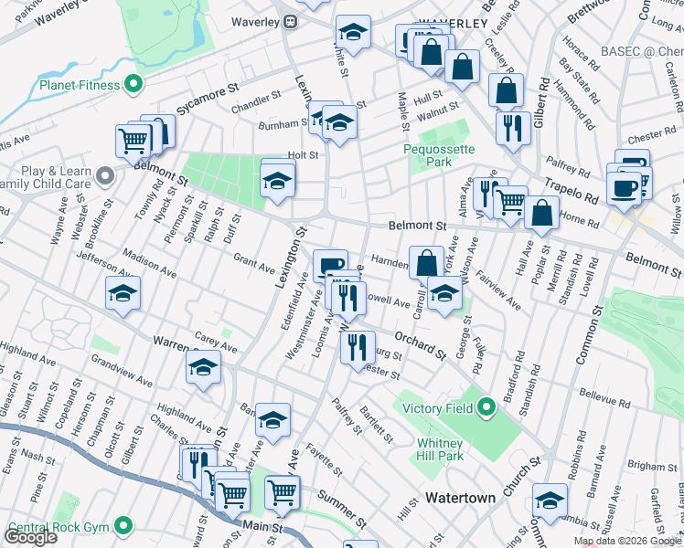 map of restaurants, bars, coffee shops, grocery stores, and more near 5 Lowell Avenue in Watertown