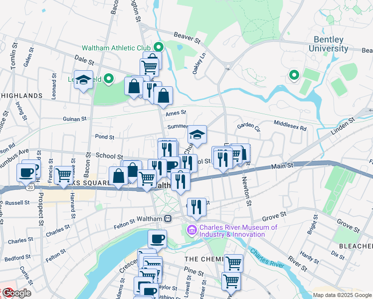 map of restaurants, bars, coffee shops, grocery stores, and more near 64 School Street in Waltham