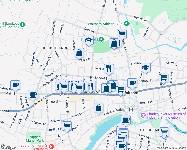 map of restaurants, bars, coffee shops, grocery stores, and more near 47b Bacon Street in Waltham