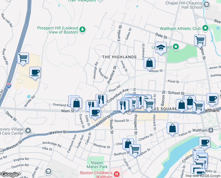 map of restaurants, bars, coffee shops, grocery stores, and more near 69 Columbus Avenue in Waltham