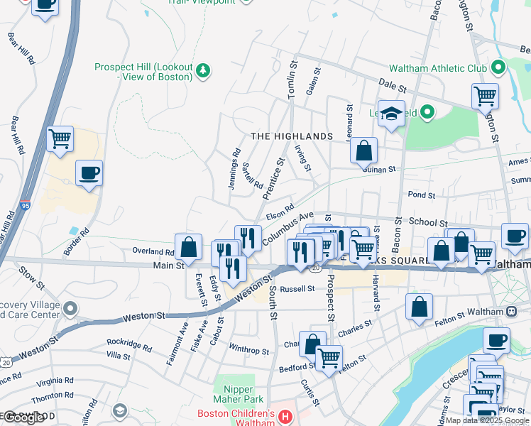 map of restaurants, bars, coffee shops, grocery stores, and more near 69 Columbus Avenue in Waltham