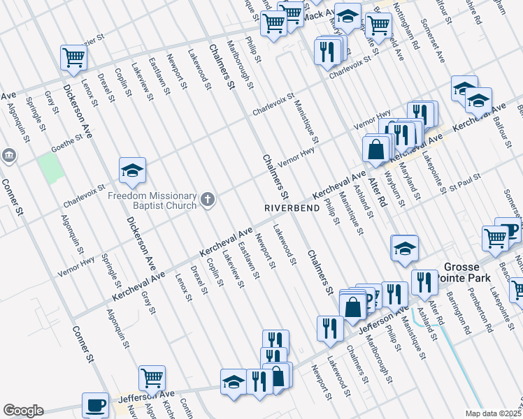 map of restaurants, bars, coffee shops, grocery stores, and more near 14201 Kercheval Avenue in Detroit