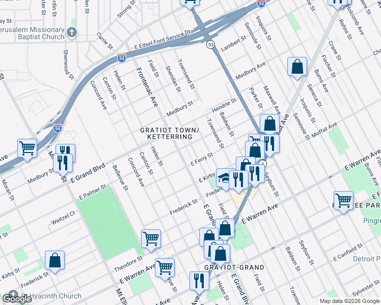 map of restaurants, bars, coffee shops, grocery stores, and more near 1341 East Grand Boulevard in Detroit