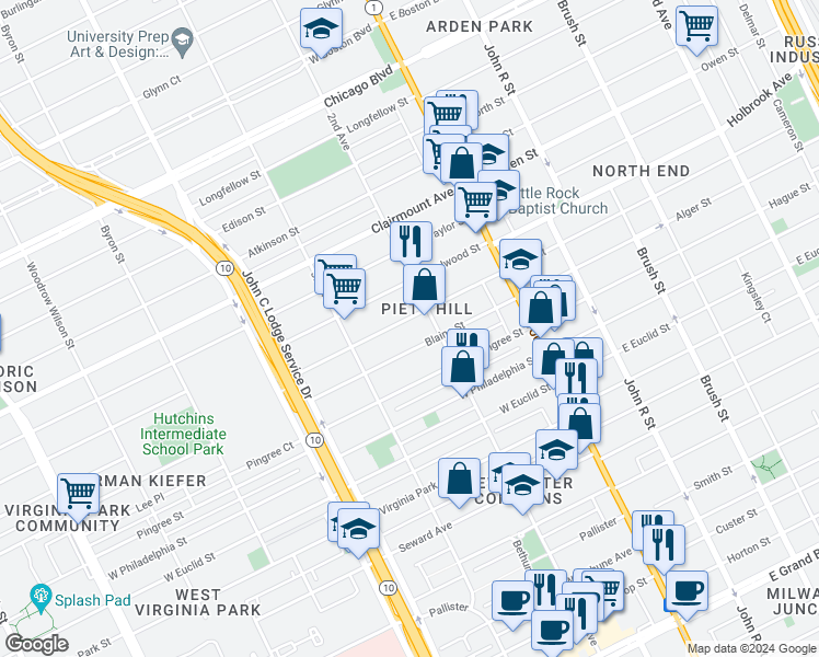 map of restaurants, bars, coffee shops, grocery stores, and more near 657 Blaine Street in Detroit