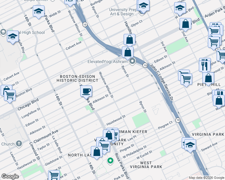 map of restaurants, bars, coffee shops, grocery stores, and more near 1605 Atkinson Street in Detroit