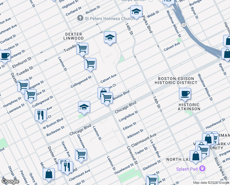 map of restaurants, bars, coffee shops, grocery stores, and more near 2505 West Boston Boulevard in Detroit