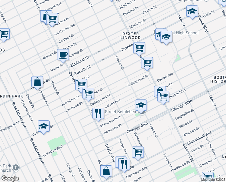map of restaurants, bars, coffee shops, grocery stores, and more near 3030 Calvert Avenue in Detroit
