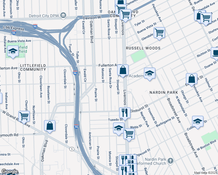 map of restaurants, bars, coffee shops, grocery stores, and more near 12130 Monica Street in Detroit
