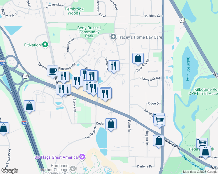 map of restaurants, bars, coffee shops, grocery stores, and more near 5217 Willow Court in Gurnee