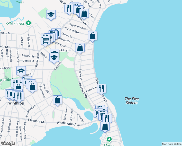 map of restaurants, bars, coffee shops, grocery stores, and more near 50 Trident Avenue in Winthrop