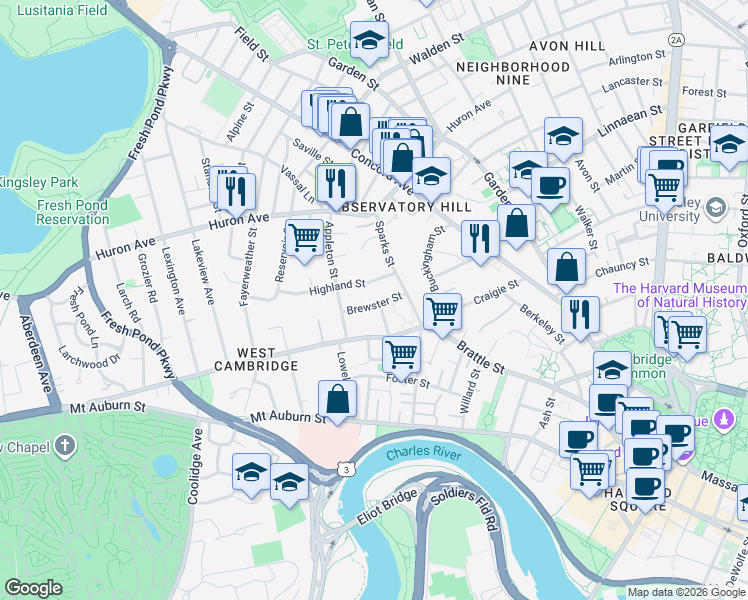 map of restaurants, bars, coffee shops, grocery stores, and more near 29 Brewster Street in Cambridge