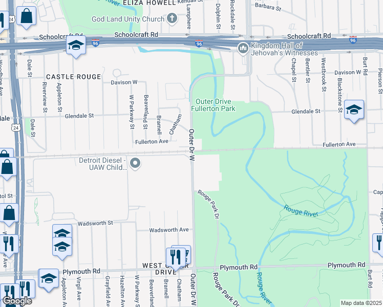 map of restaurants, bars, coffee shops, grocery stores, and more near 13400 Outer Drive West in Redford Charter Township