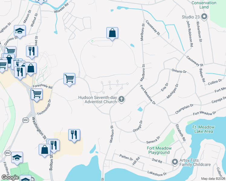 map of restaurants, bars, coffee shops, grocery stores, and more near 4F Rotherham Way in Hudson