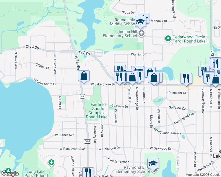 map of restaurants, bars, coffee shops, grocery stores, and more near 1613 Cherokee Drive in Round Lake Beach