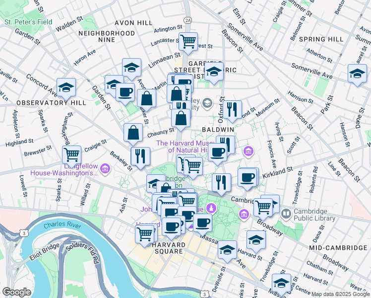 map of restaurants, bars, coffee shops, grocery stores, and more near 1563 Massachusetts Avenue in Cambridge