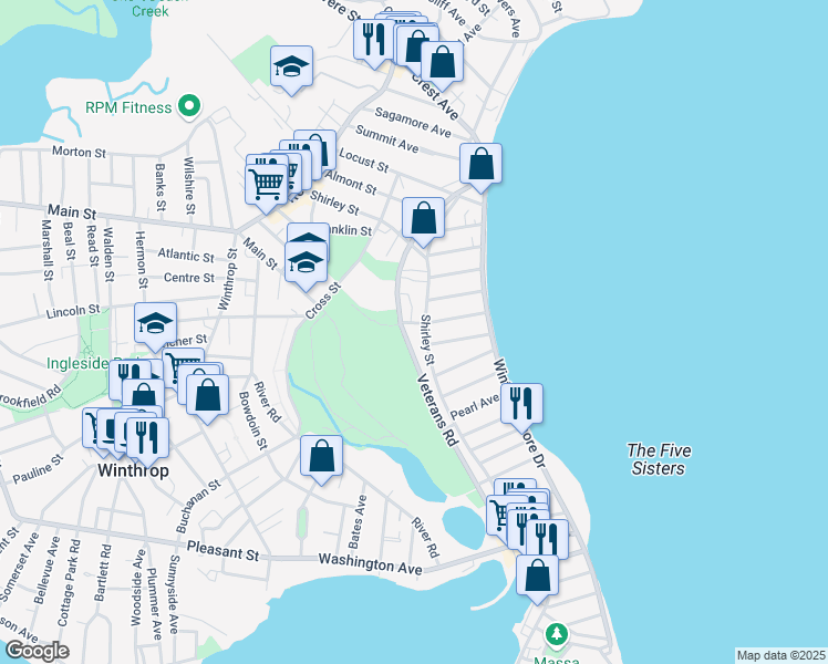 map of restaurants, bars, coffee shops, grocery stores, and more near 93 Veterans Road in Winthrop