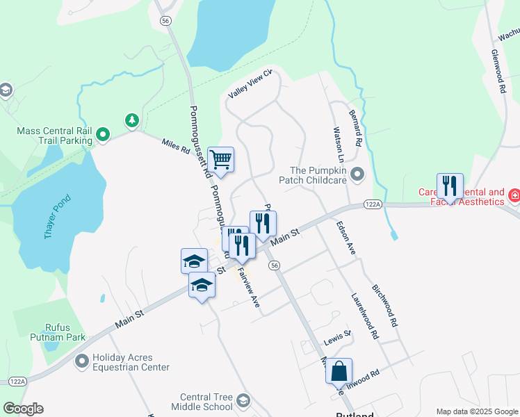 map of restaurants, bars, coffee shops, grocery stores, and more near 3 Prouty Lane in Rutland