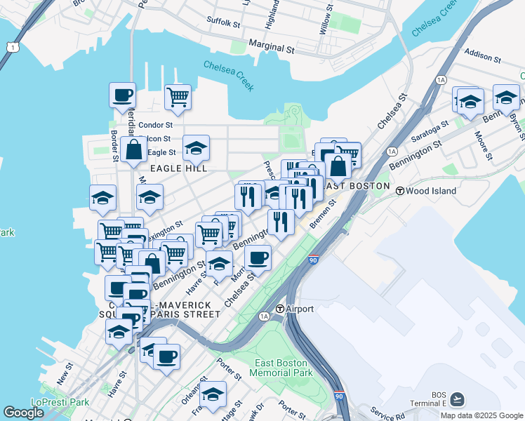 map of restaurants, bars, coffee shops, grocery stores, and more near 216 Bennington Street in Boston