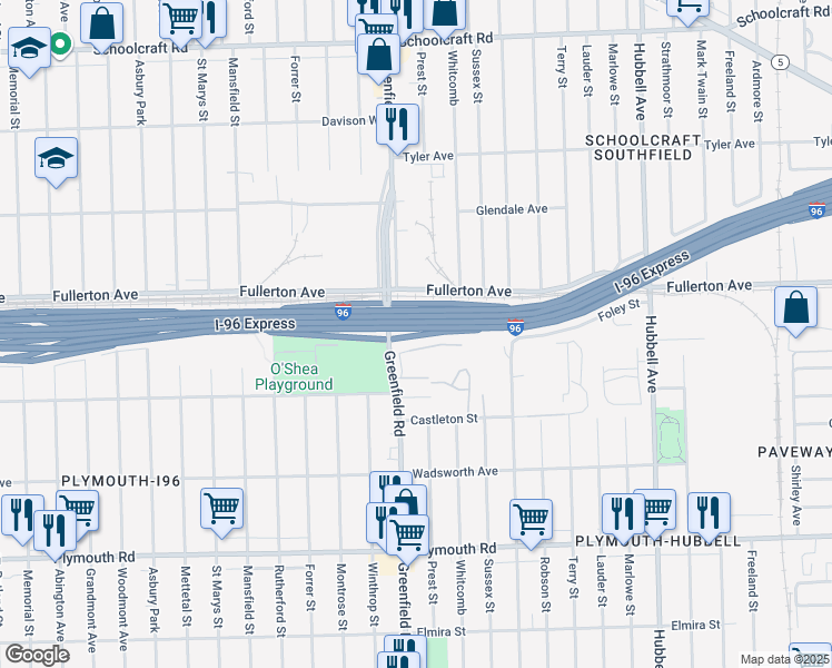 map of restaurants, bars, coffee shops, grocery stores, and more near in Detroit