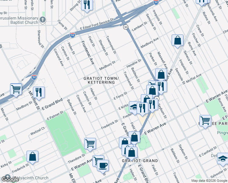 map of restaurants, bars, coffee shops, grocery stores, and more near 1341 East Grand Boulevard in Detroit