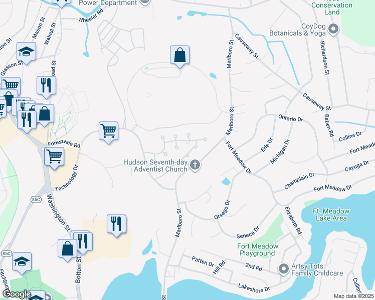 map of restaurants, bars, coffee shops, grocery stores, and more near 3 Rotherham Way in Hudson