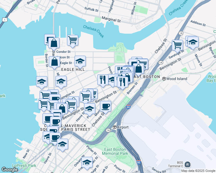 map of restaurants, bars, coffee shops, grocery stores, and more near 324 Saratoga Street in Boston