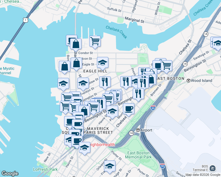 map of restaurants, bars, coffee shops, grocery stores, and more near 139 Trenton Street in Boston