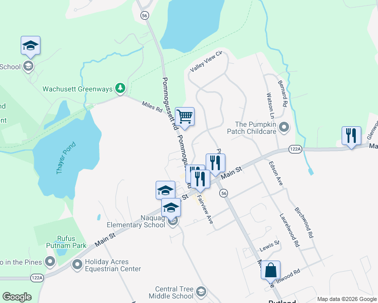 map of restaurants, bars, coffee shops, grocery stores, and more near 11 Memorial Drive in Rutland