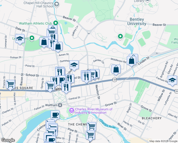 map of restaurants, bars, coffee shops, grocery stores, and more near 67 Lyman Street in Waltham